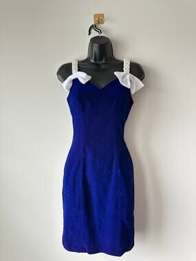 Vintage 80s Zum Zum Cobalt Blue Velvet Mini Dress Pearl Straps Bow Detail Small